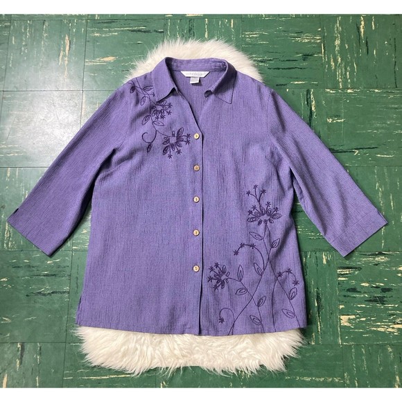 Vintage Napa Valley Shirt Large Blue Button Up Floral Embroidered Chambray 90s - Picture 4 of 10